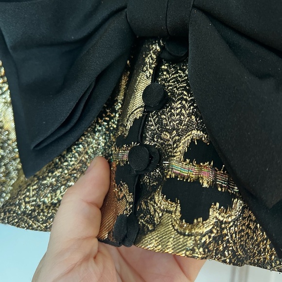 Vintage Gold Metallic Brocade Size M Evening Blouse Black Bow 80s Cocktail Top - Picture 6 of 10